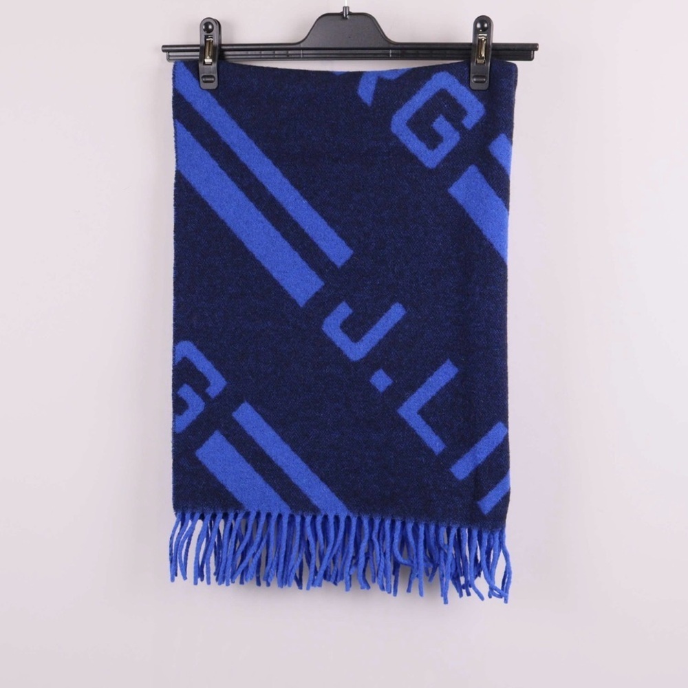 J Lindeberg Navy & Royal Blue Patterned Fringed Scarf wool blend alpaca Ribbed